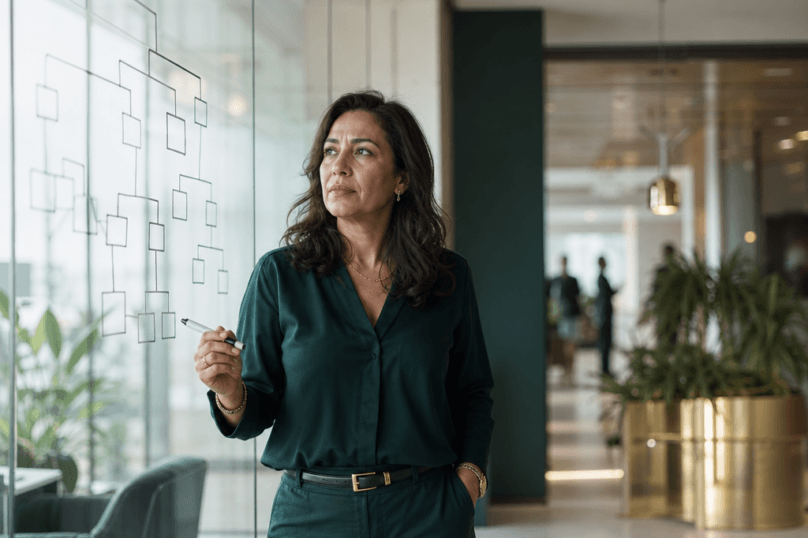 Directrice des ressources humaines marocaine analysant un organigramme dans un bureau a Casablanca