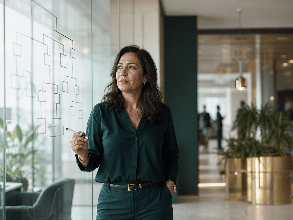 Directrice des ressources humaines marocaine analysant un organigramme dans un bureau a Casablanca