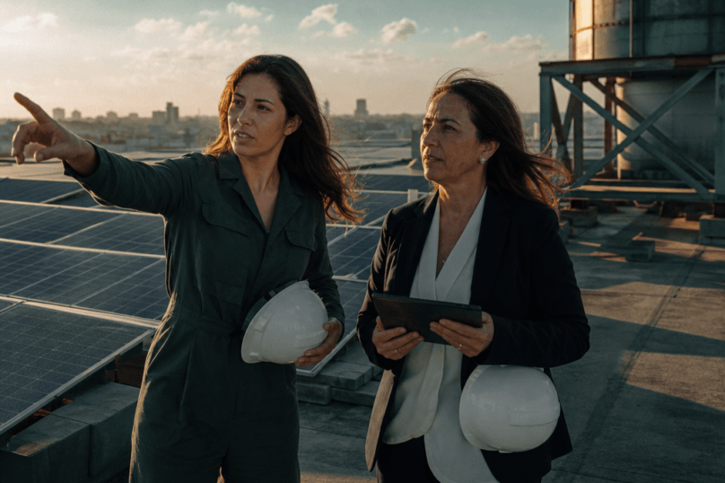 Deux dirigeantes marocaines inspectant une installation solaire sur un toit industriel