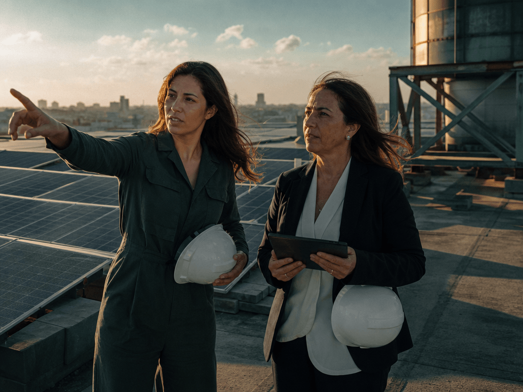 Deux dirigeantes marocaines inspectant une installation solaire sur un toit industriel