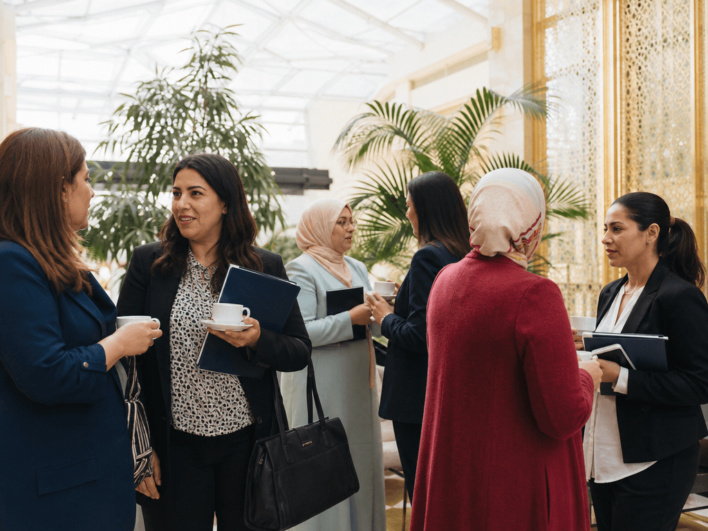 Groupe de femmes dirigeantes marocaines echangeant lors d une pause professionnelle