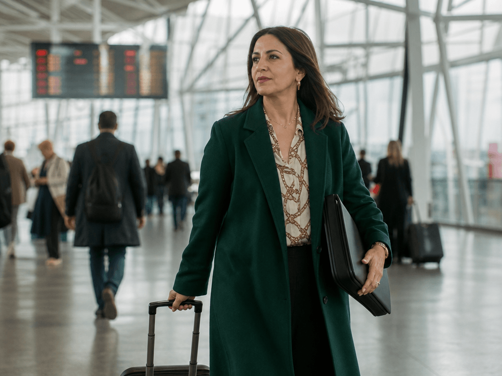 Cadre dirigeante marocaine traversant un terminal d aeroport en deplacement professionnel