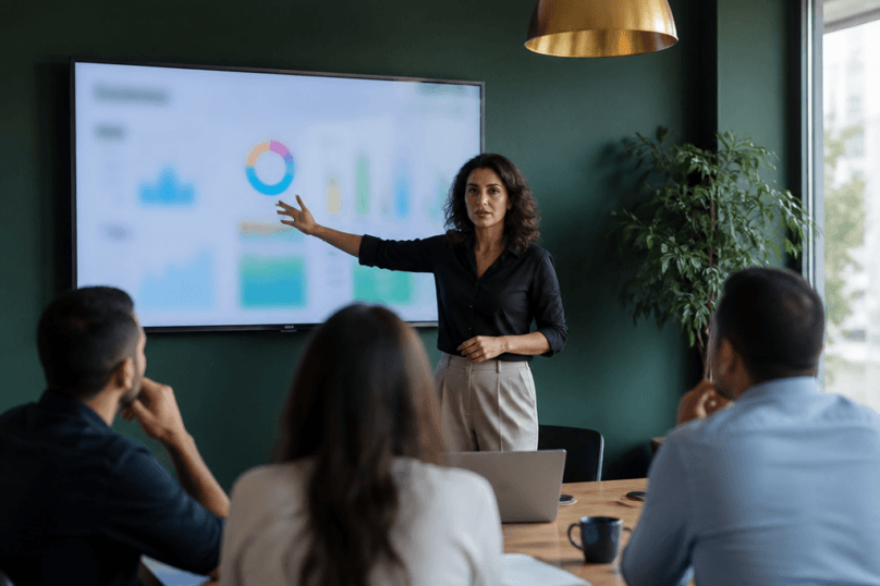 Directrice marketing et communication marocaine presentant devant son equipe