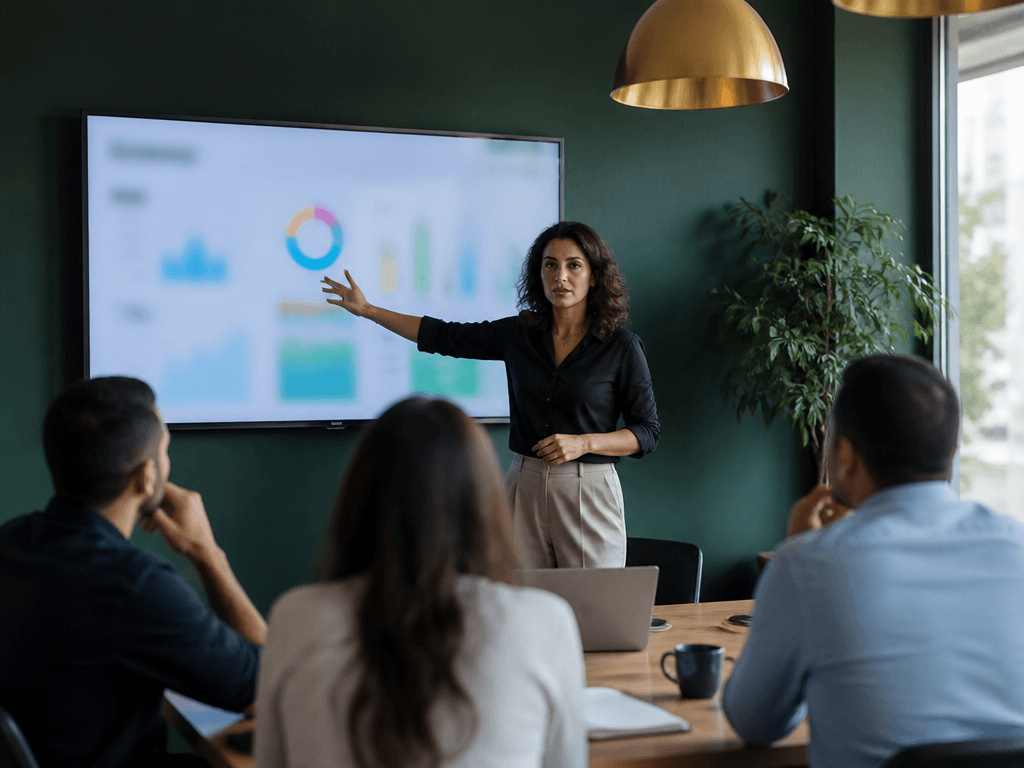 Directrice marketing et communication marocaine presentant devant son equipe