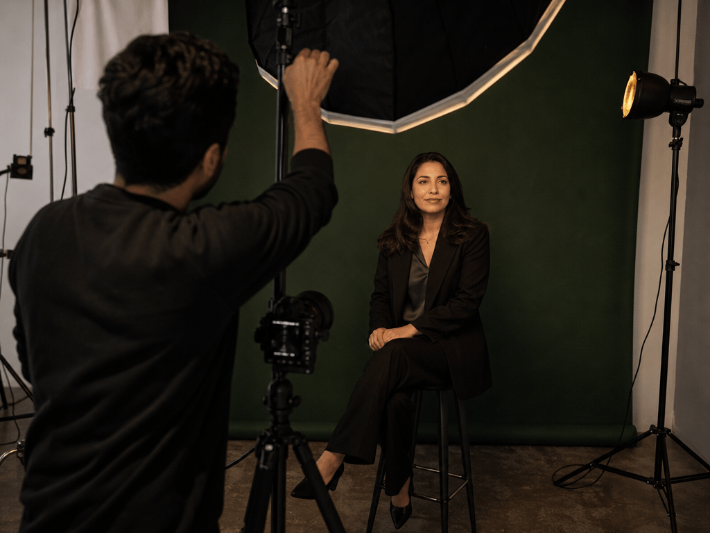 Seance de portrait professionnel en studio avec une dirigeante marocaine et un photographe