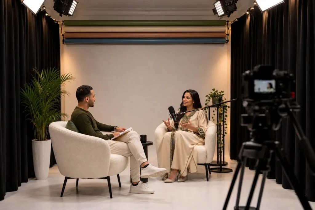 Entretien filmé sur le plateau interview de Moroccan Women Leaders à Témara, deux fauteuils et caméra au premier plan