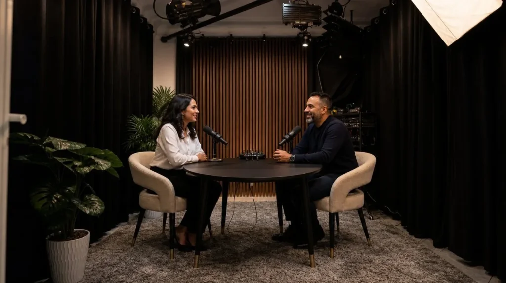 Enregistrement de podcast au Studio Oudaya de Moroccan Women Leaders à Témara, deux personnes autour de la table ronde